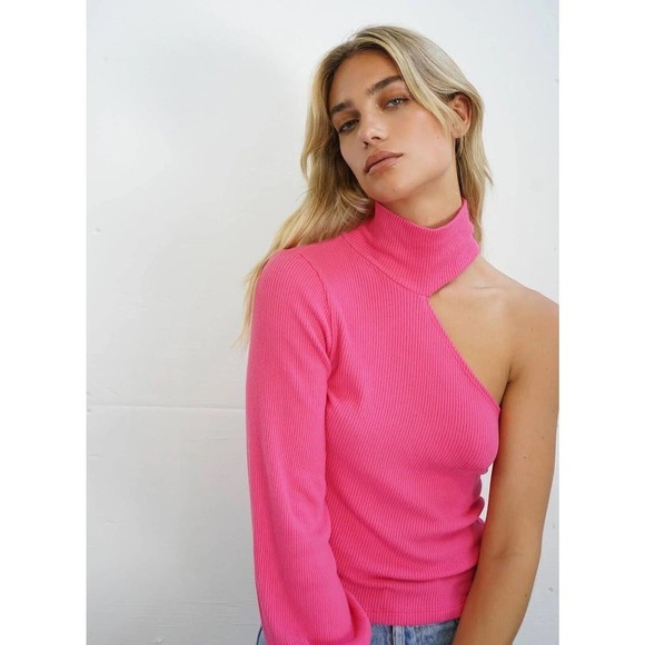 LNA MURPHY SWEATER ONE SHOULDER TURTLE KNECK LONG SLEEVES RIB TOP BARBIE PINK M - Picture 3 of 14